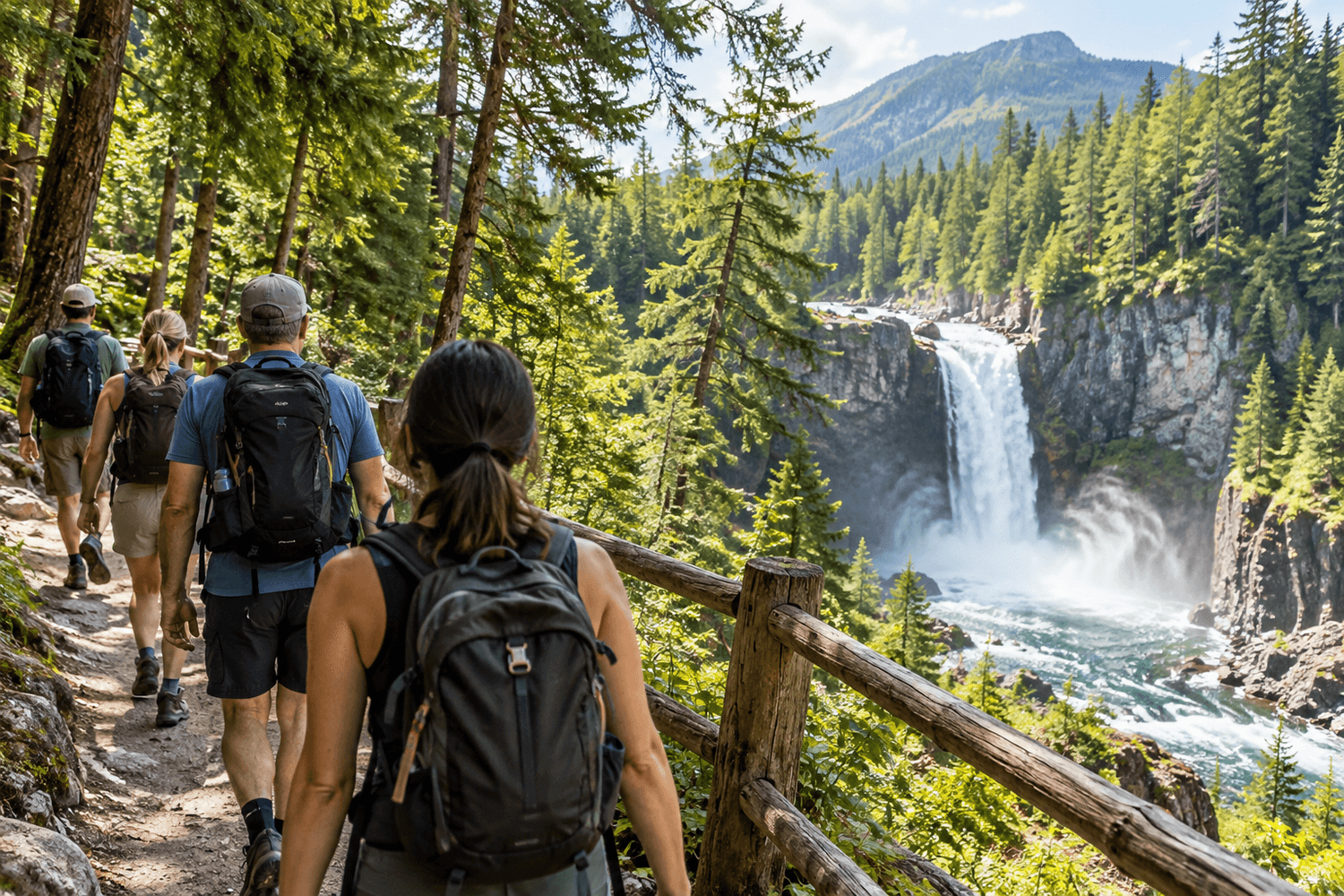 Travelers exploring a forest trail beside a waterfall
