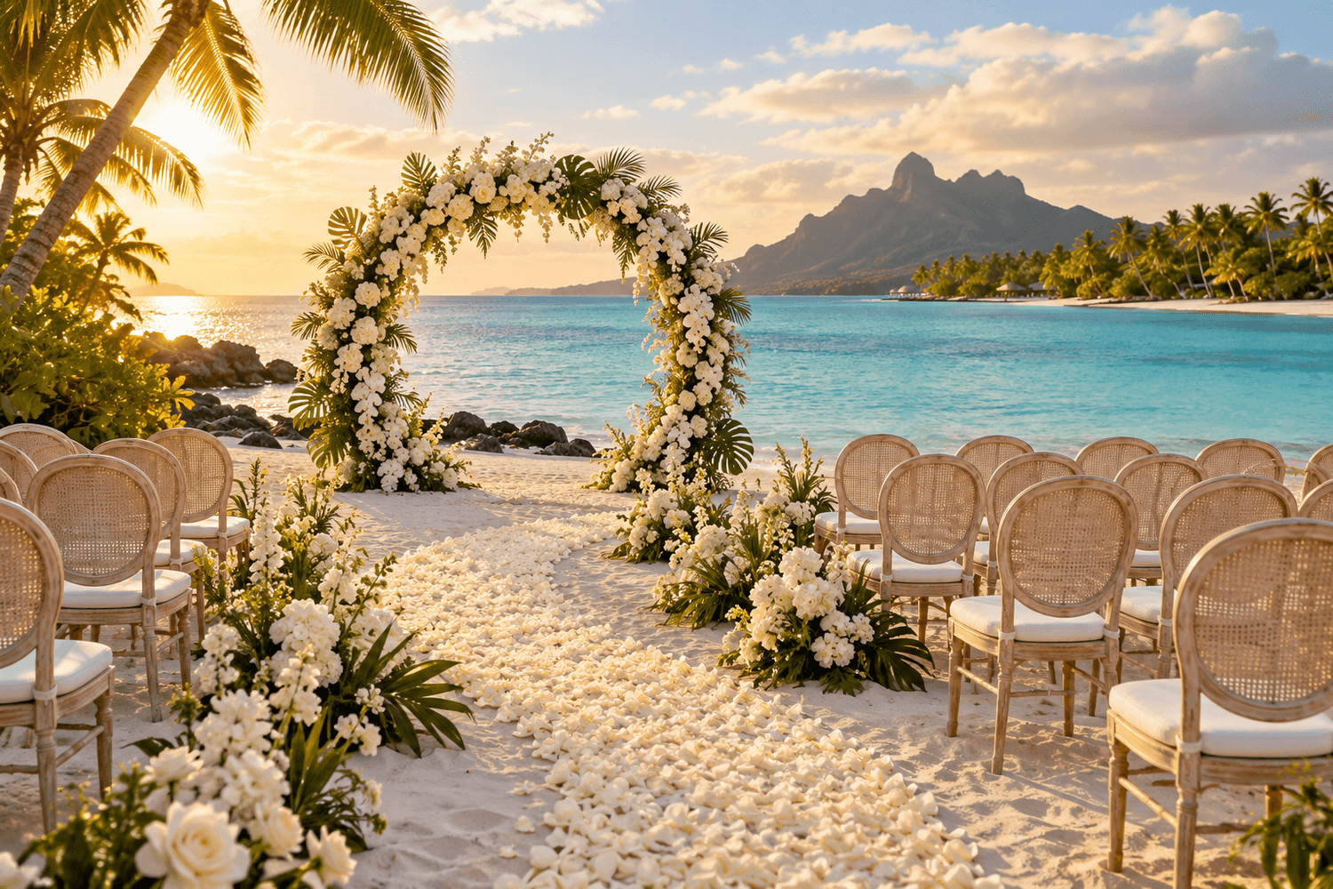 Beach wedding ceremony with a circular floral arch beside a turquoise lagoon