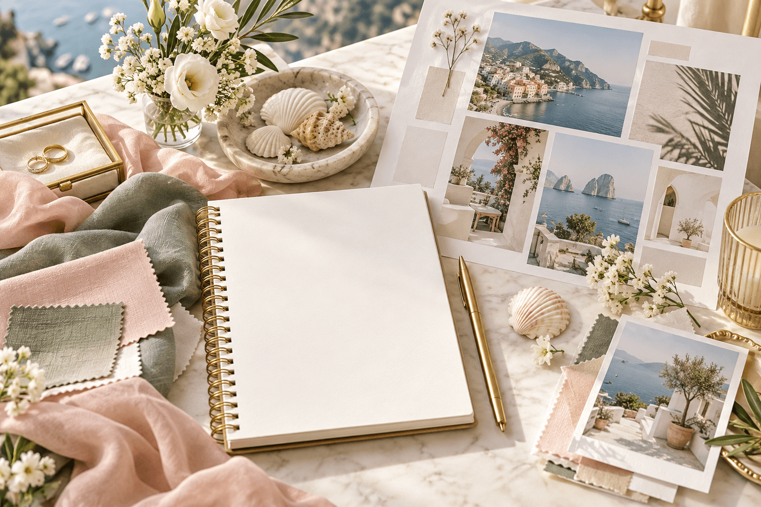 Wedding inspiration notebook with fabric swatches flowers and destination moodboard