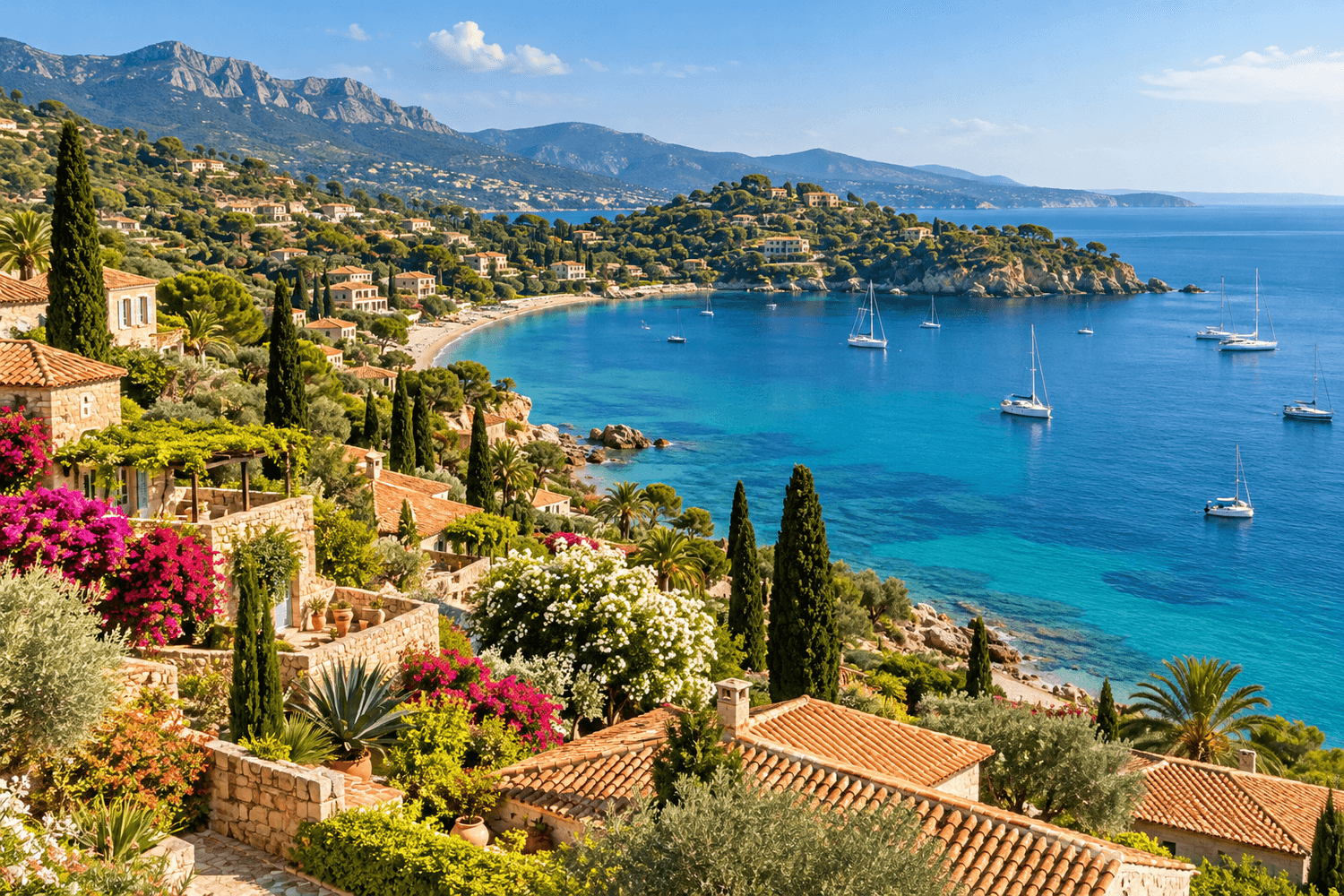 Coastal villas and gardens overlooking a blue Mediterranean bay