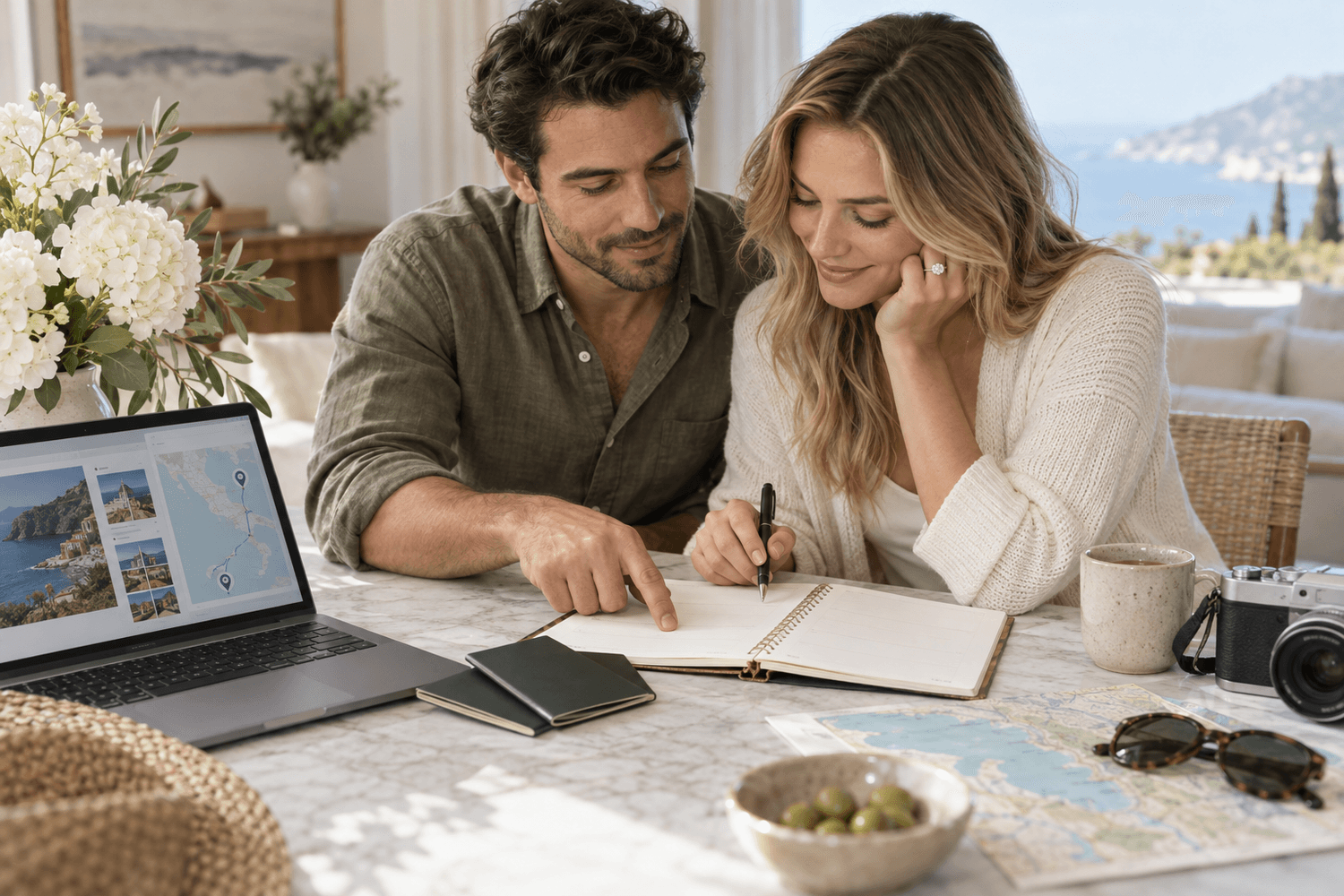 Couple reviewing travel plans together with a notebook and laptop