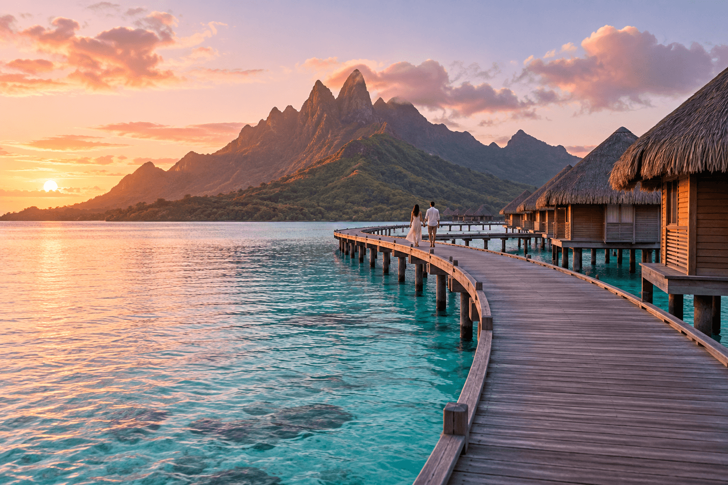 Couple walking along an overwater bungalow boardwalk at dawn