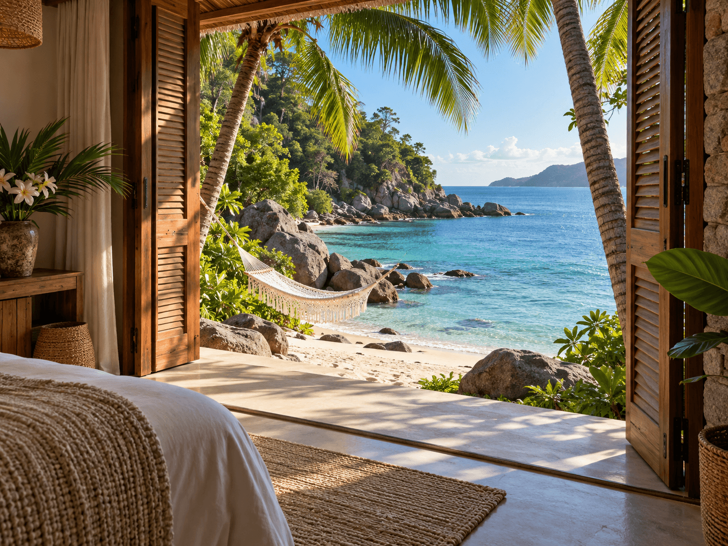 Secluded tropical cove and hammock viewed from a boutique suite