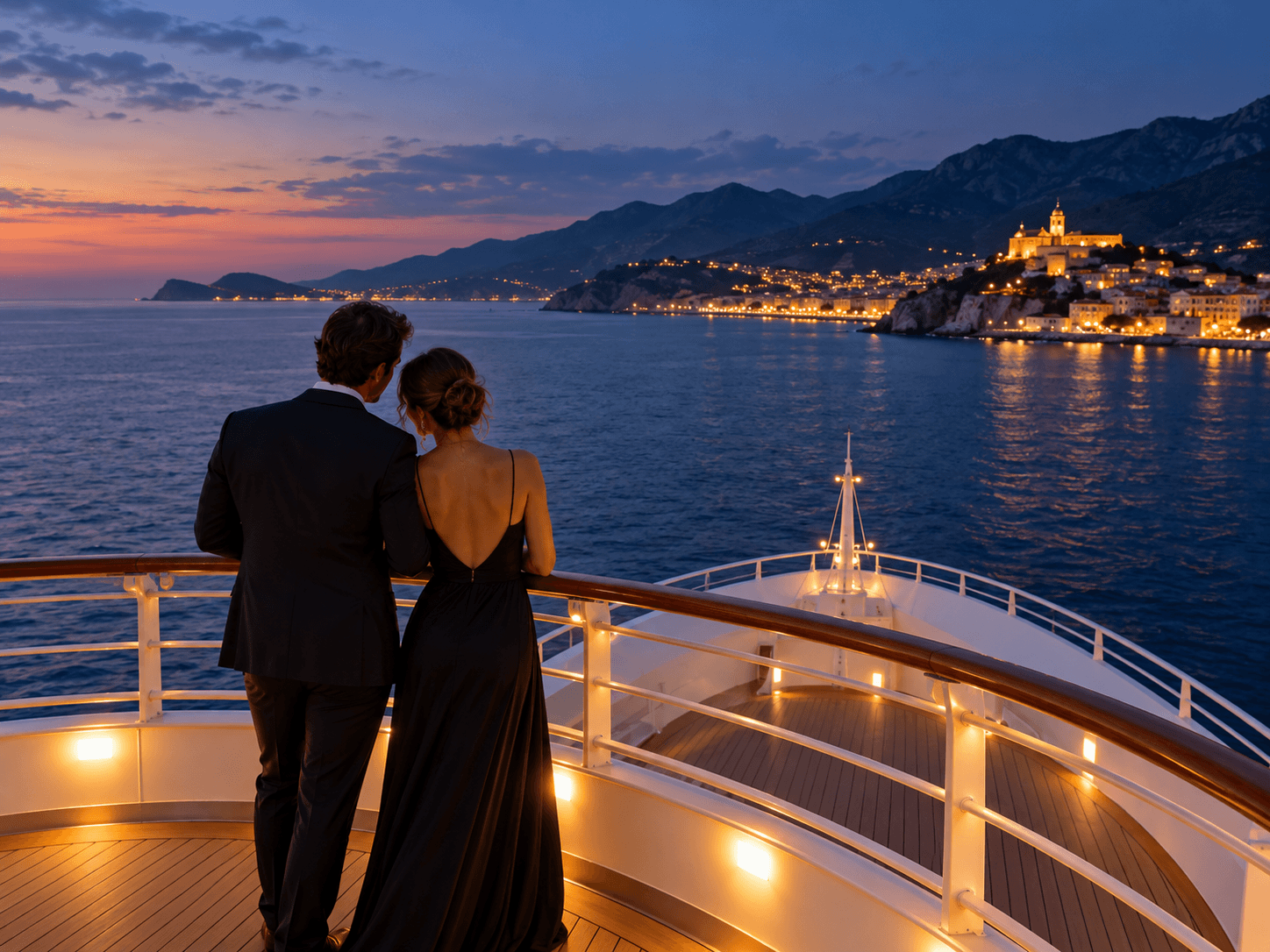 Couple watching a coastal town from a cruise observation deck at dusk