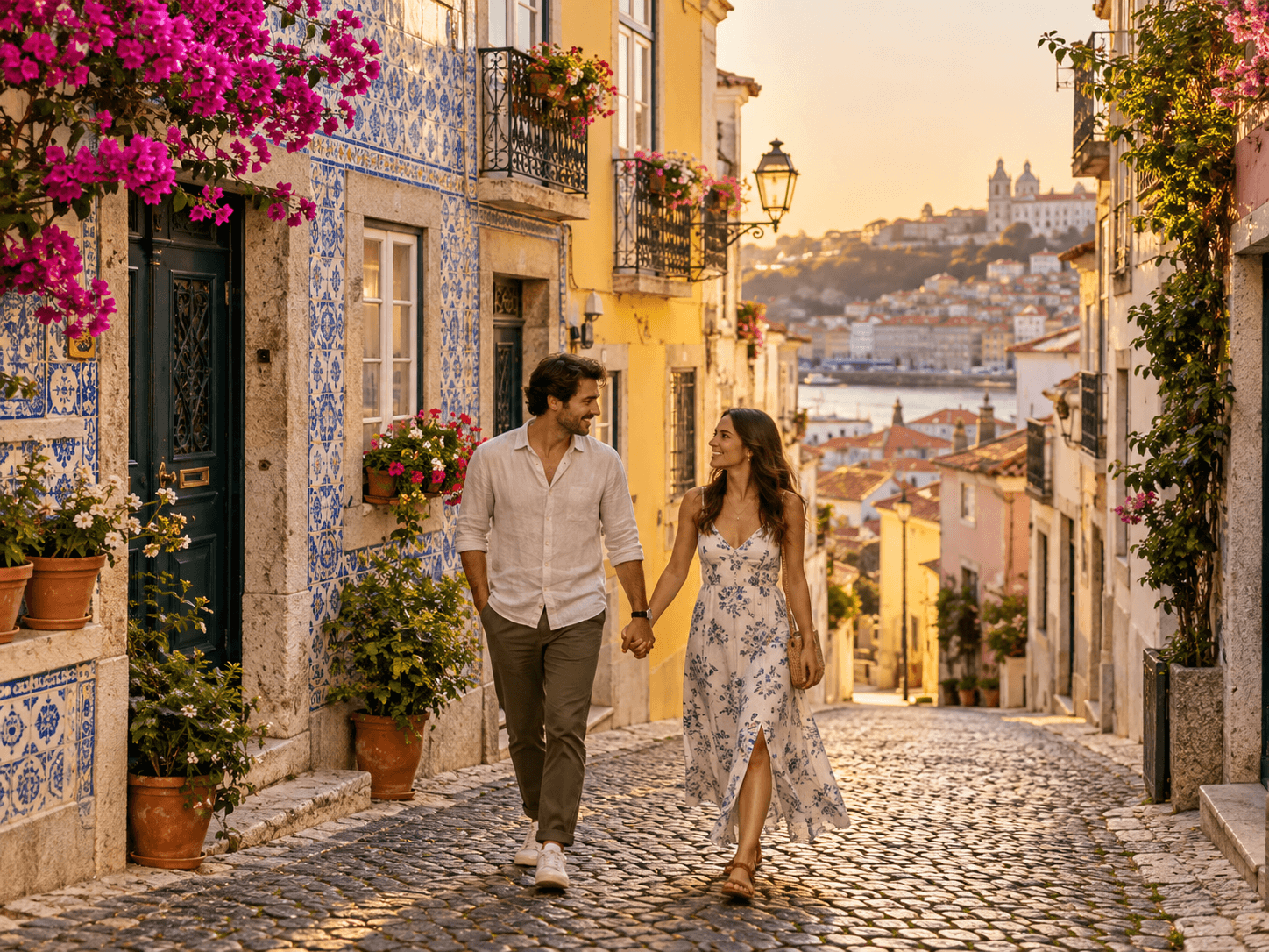 Couple exploring a tiled Portuguese old town street