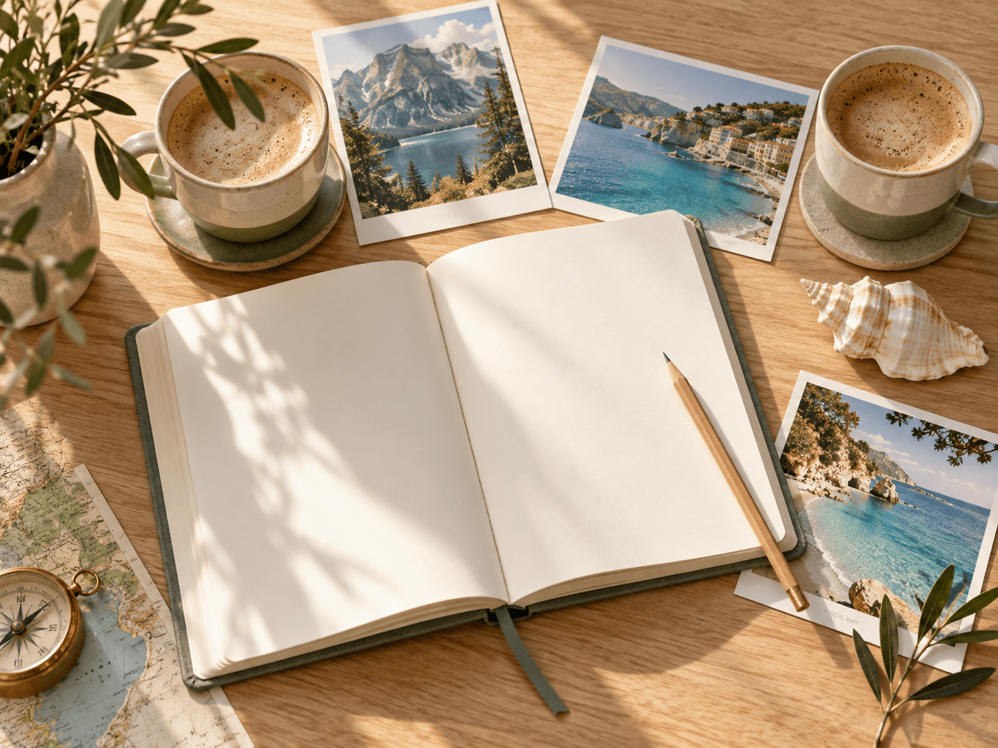 Travel journal with coffee and honeymoon destination inspiration