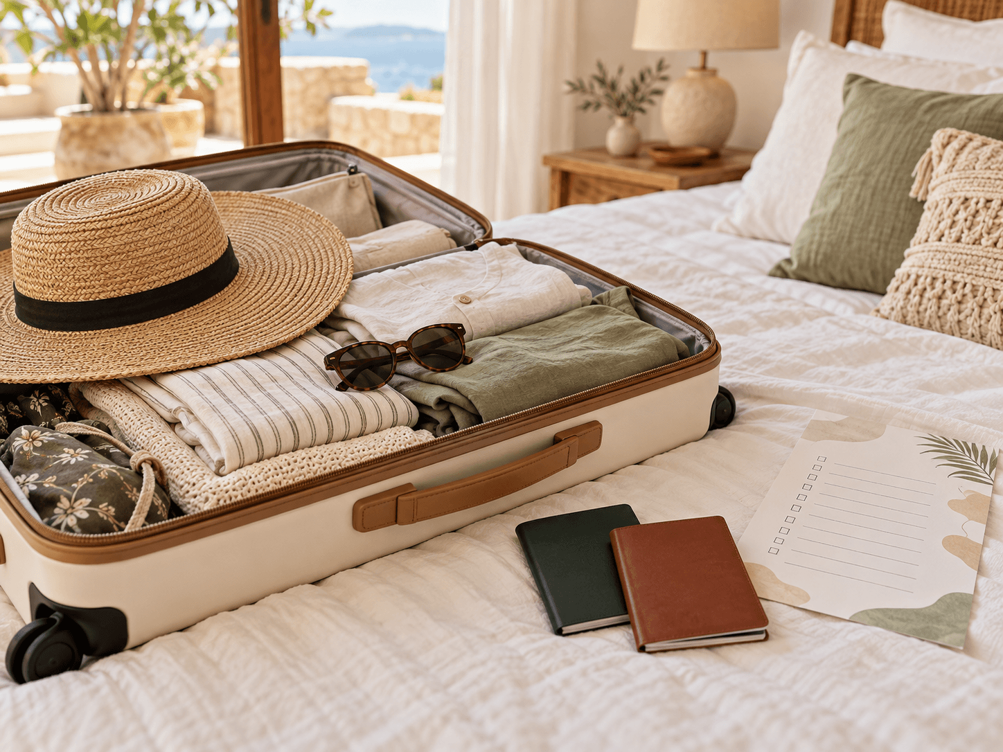 Packed suitcase passports and travel checklist