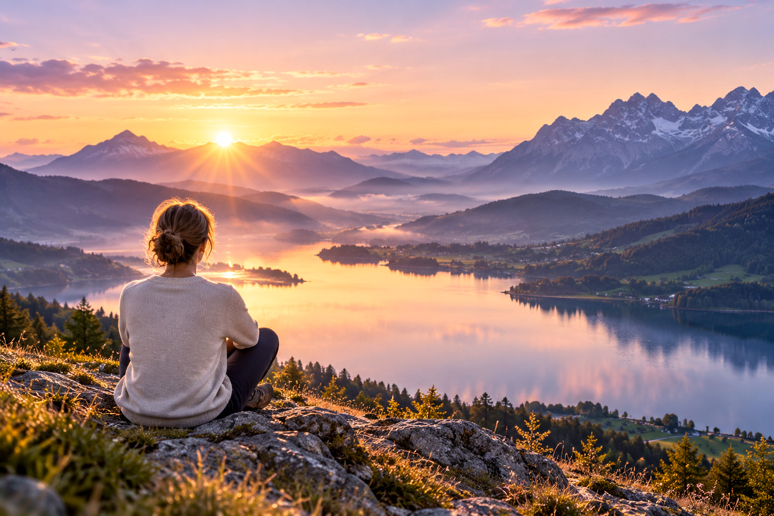 Paysage de montagne et lac au lever du jour, visuel d’ambiance