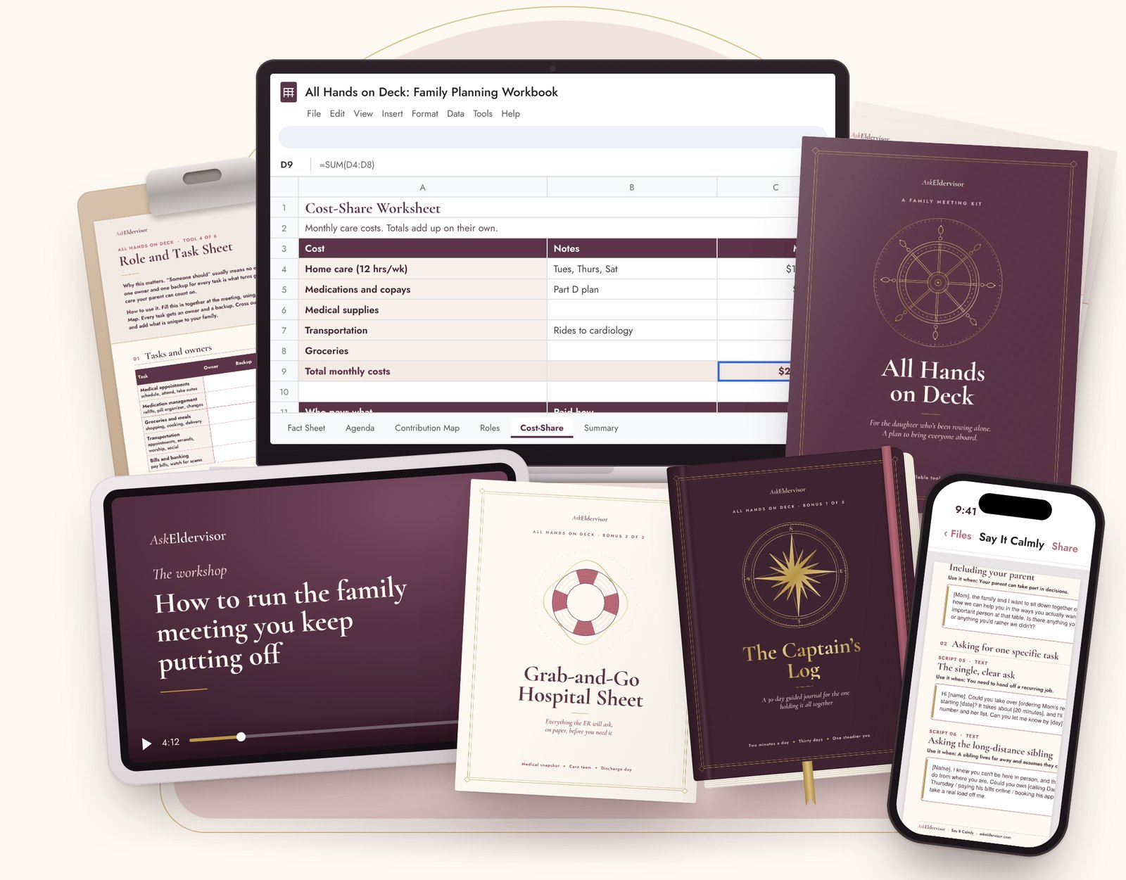 The All Hands on Deck kit: the workshop on a tablet, the Google Sheet on a laptop, the kit, the Hospital Sheet, the Captain’s Log journal and the scripts on a phone