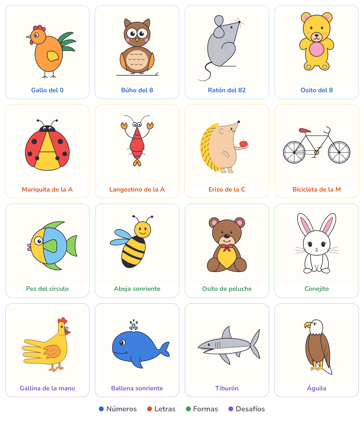16 de los 110 dibujos del libro: gallo, búho, ratón, osito, mariquita, cangrejo de río, erizo, bicicleta, pez, abeja, oso de peluche, conejo, gallina, ballena, tiburón y águila