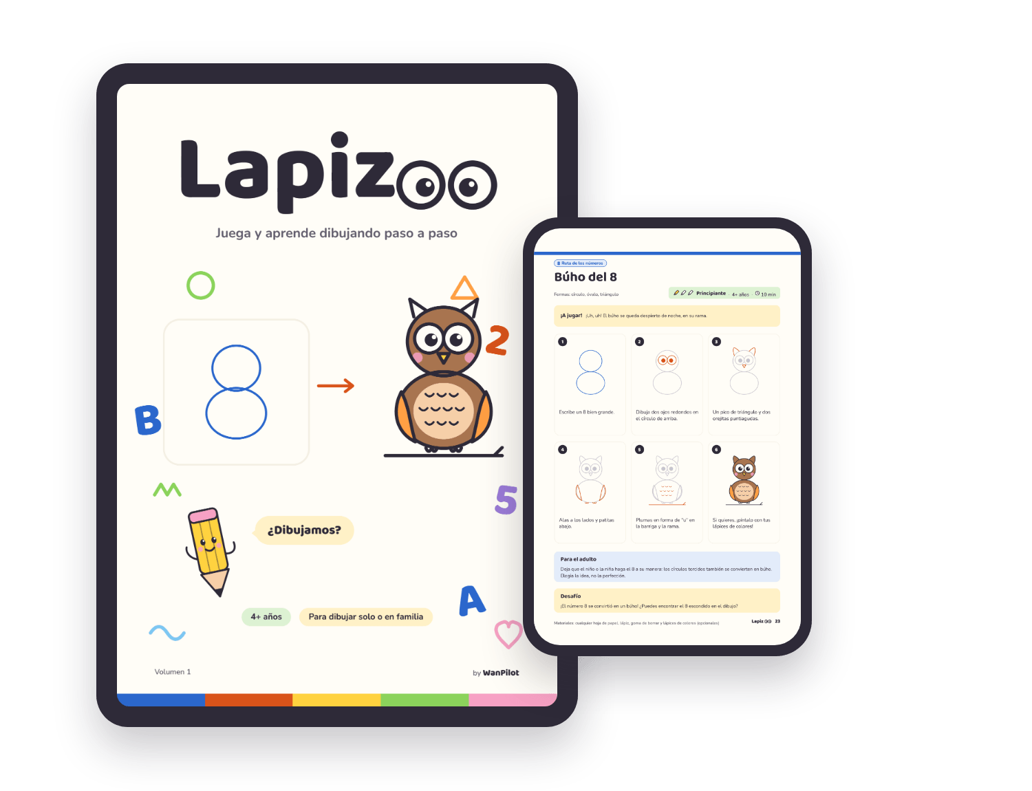 El libro Lapizoo abierto en una tablet, con una ficha en el móvil al lado