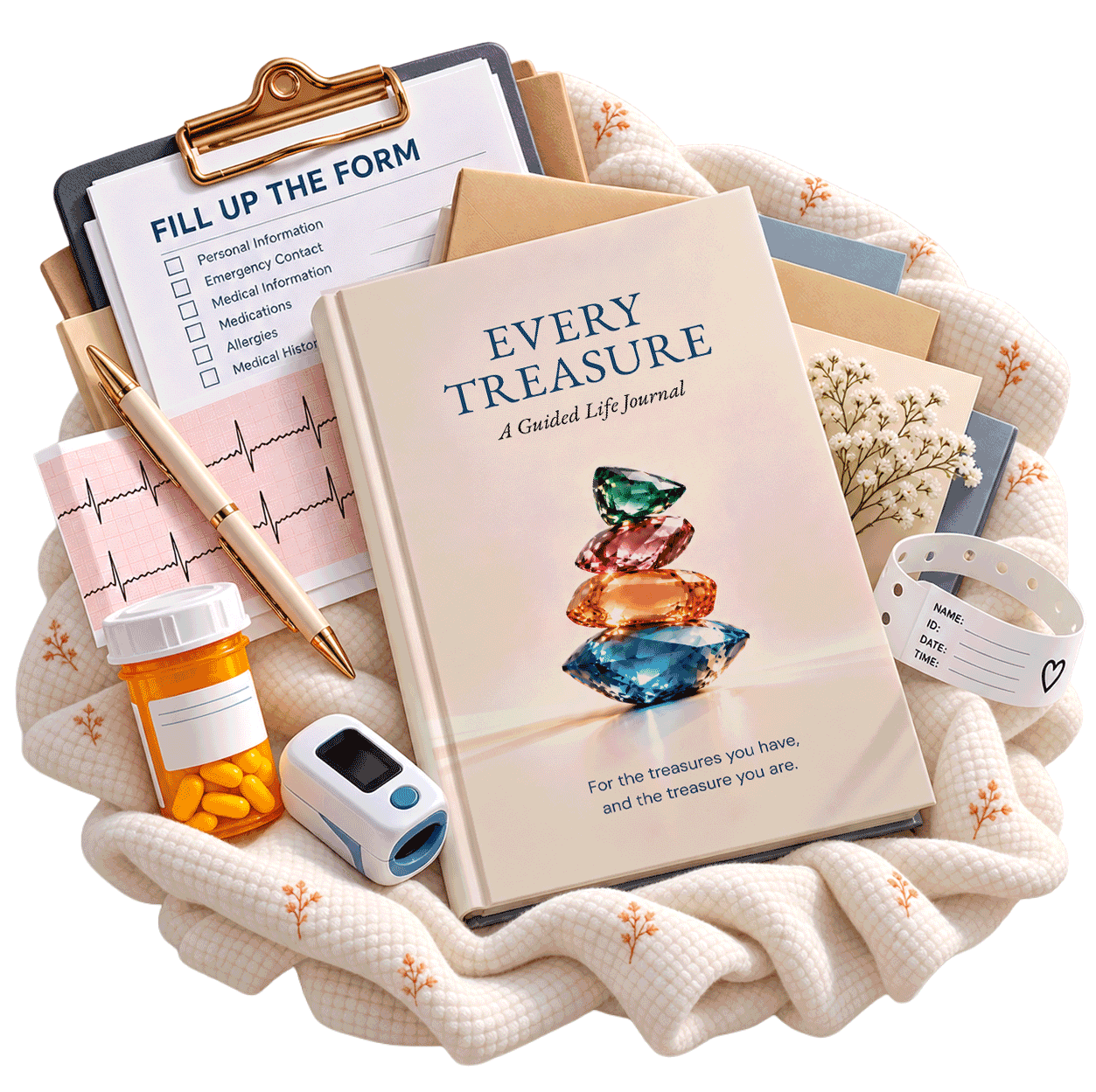 Every Treasure journal with a health folder and documents laid out together