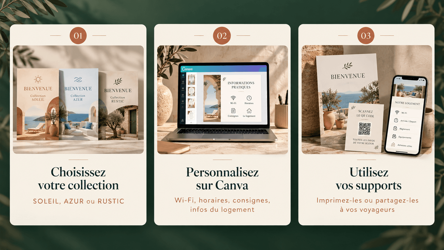 Choisissez votre collection, personnalisez sur Canva, utilisez vos supports