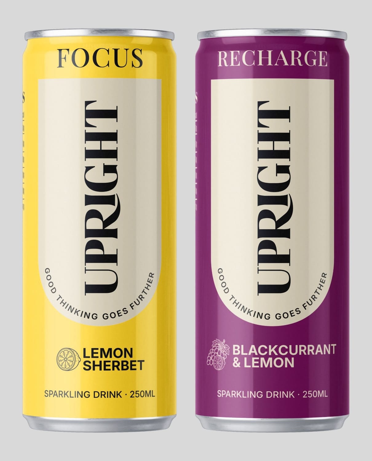 UPRIGHT cans: FOCUS Lemon Sherbet in yellow and RECHARGE Blackcurrant & Lemon in purple