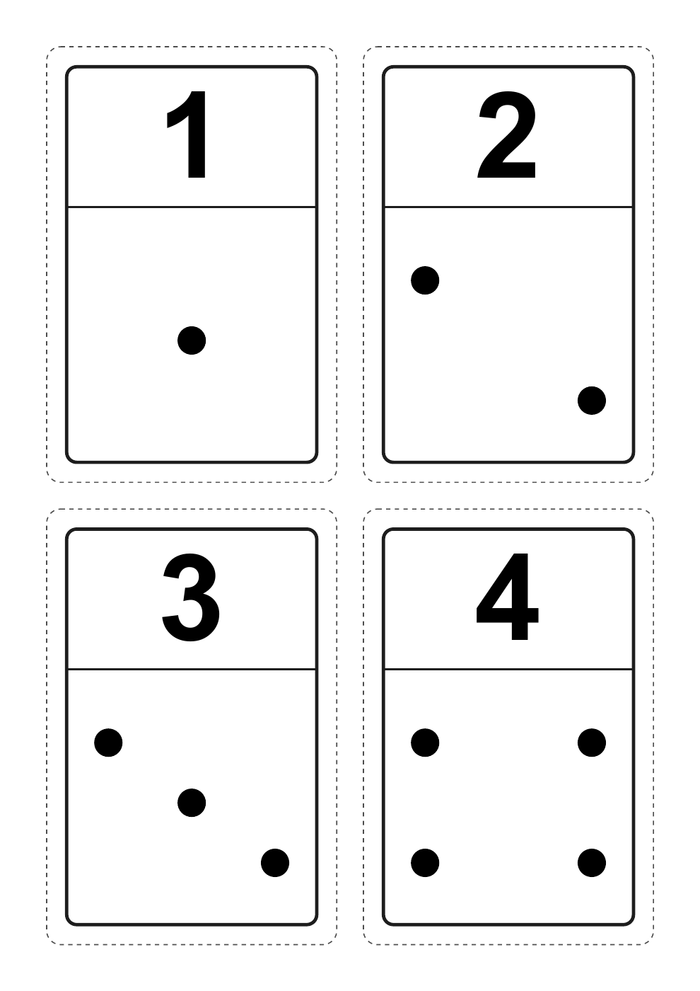 Muestra original de tarjetas de números y puntos del 1 al 4