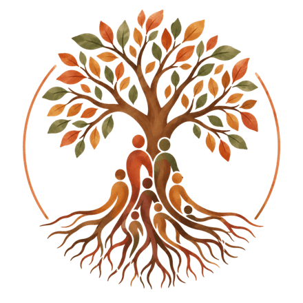 Ein Baum, in dessen Stamm und Wurzeln eine Familie verwoben ist.
