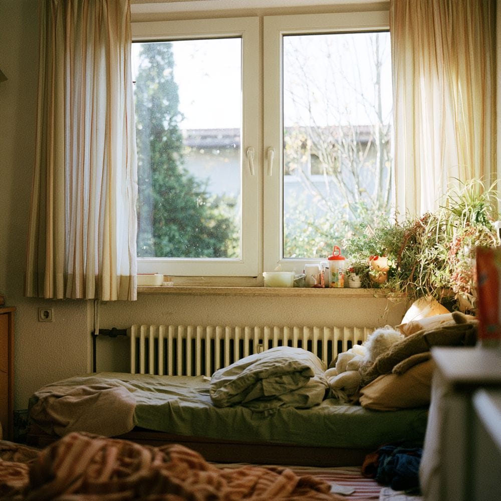 Ein unaufgeräumtes Zimmer im Morgenlicht: zerwühlte Bettdecke, Kuscheltier, Pflanzen auf der Fensterbank.