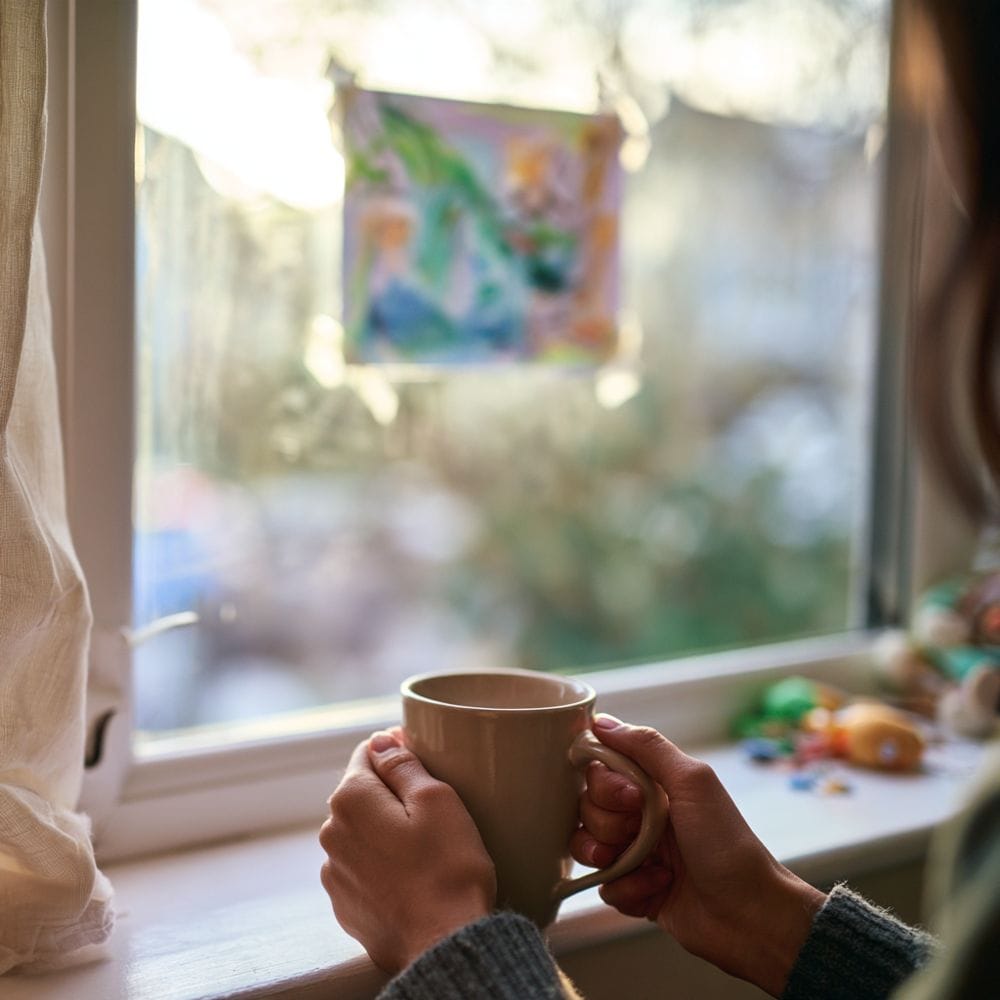 Zwei Hände halten eine warme Tasse am Fenster, an der Scheibe klebt ein Kinderbild.
