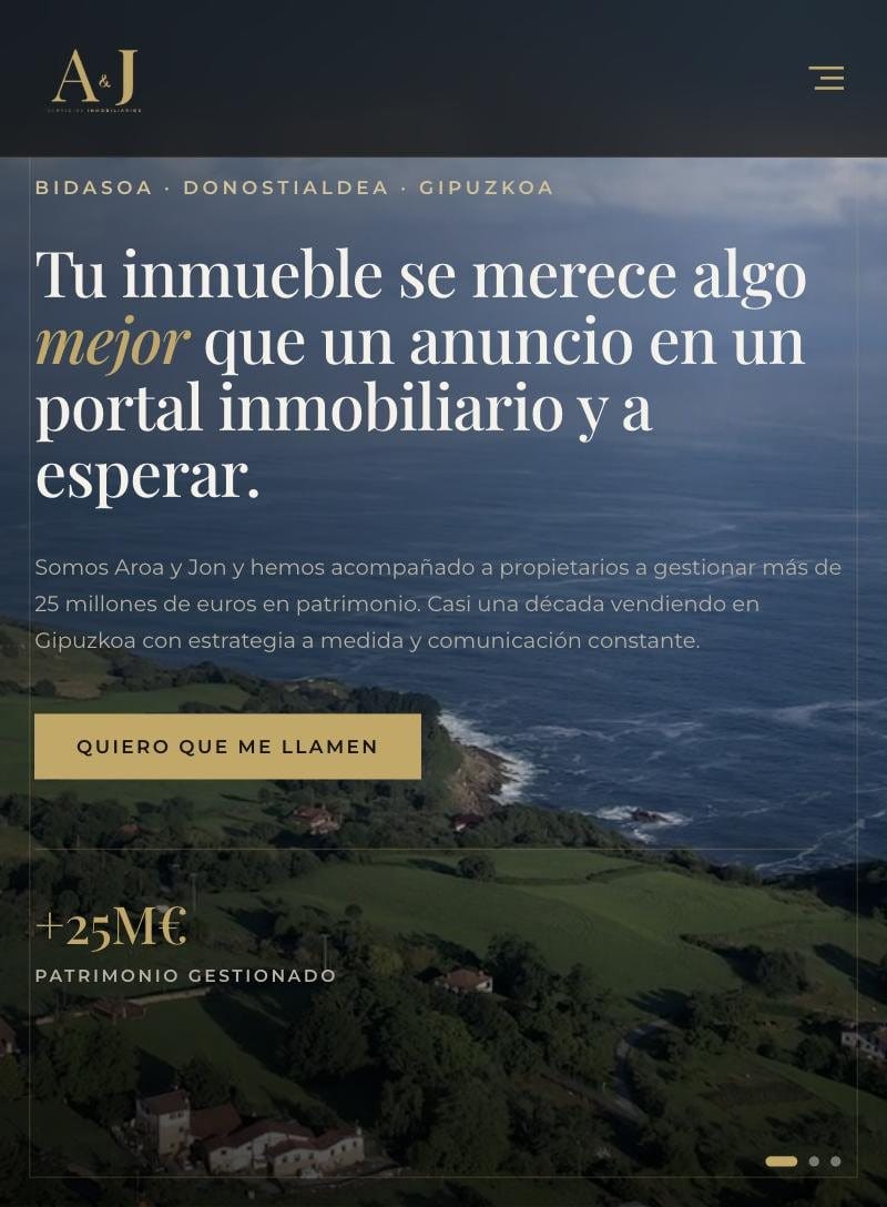 Página de inicio de la web de Aroa & Jon Inmobiliaria