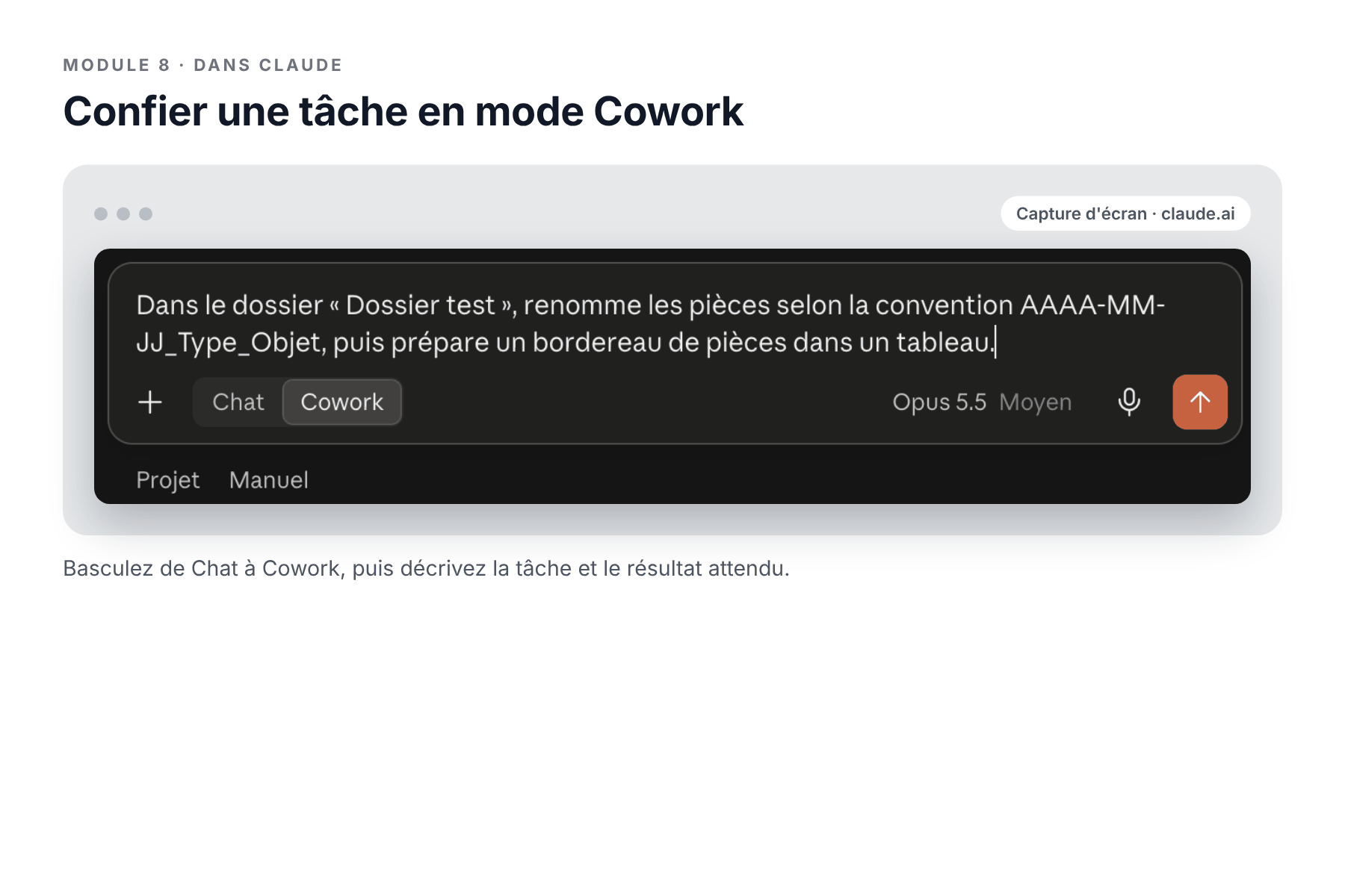 Capture d’écran : une tâche décrite en mode Cowork