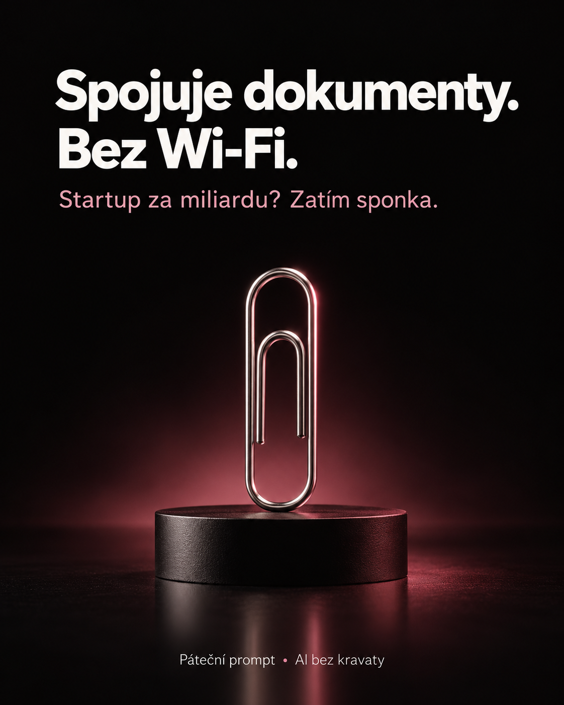 Sponka na podstavci ako satirický startupový produkt.