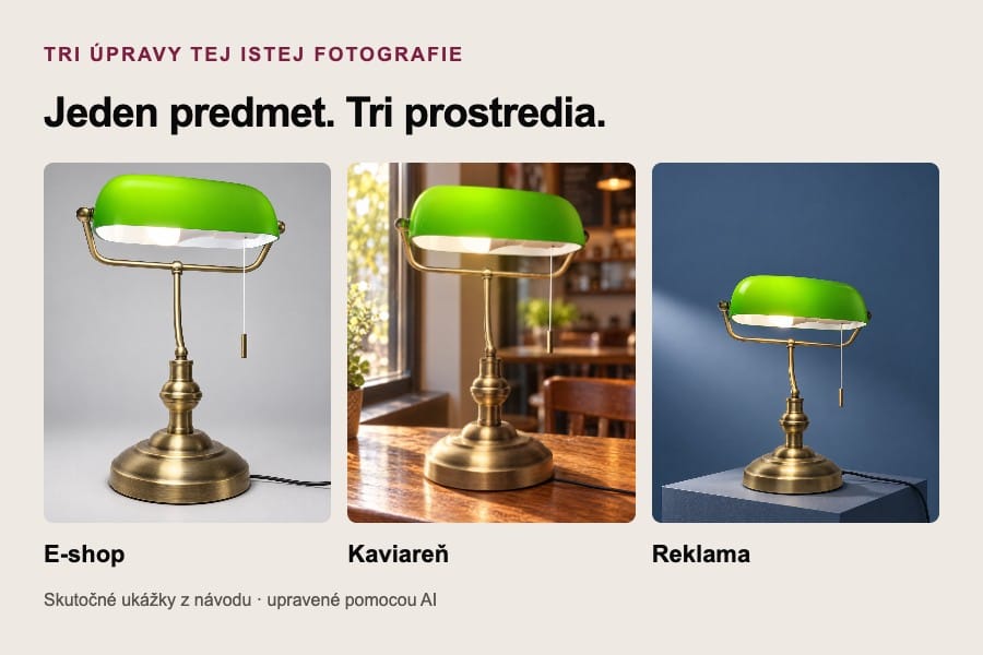 Tri úpravy lampy z ukážkového PDF: e-shop, kaviareň a reklama.