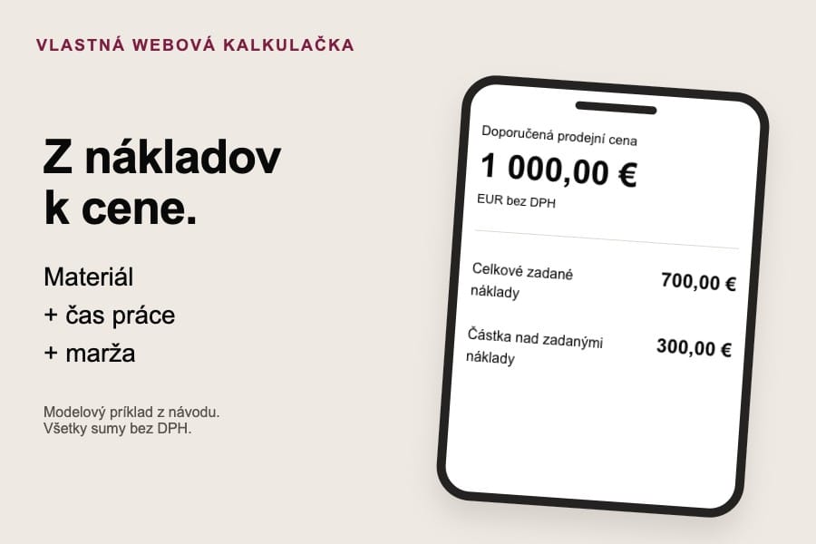 Skutočný modelový výsledok kalkulačky: cena 1 000 eur bez DPH.