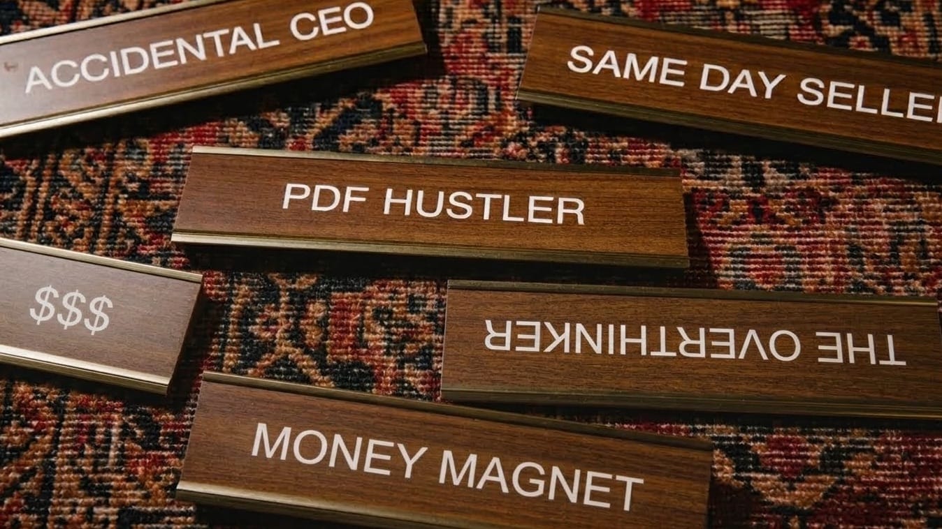 Retro desk nameplates: Accidental CEO, Same Day Seller, PDF Hustler, Money Magnet