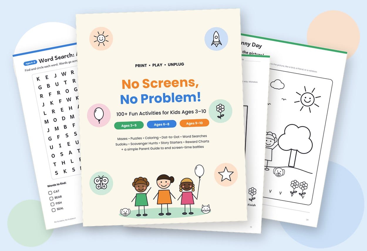 The No Screens, No Problem! book cover with printed activity pages fanned out behind it
