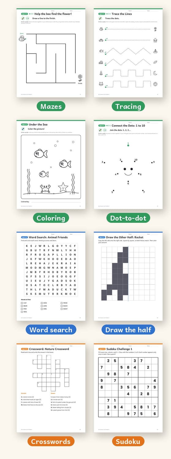 Eight sample pages: a maze, tracing, a coloring page, dot-to-dot, a word search, draw the other half, a crossword, and sudoku