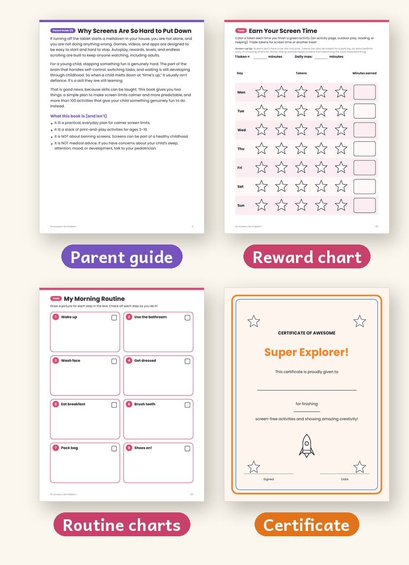 The parent guide, a reward chart, routine charts, and a certificate