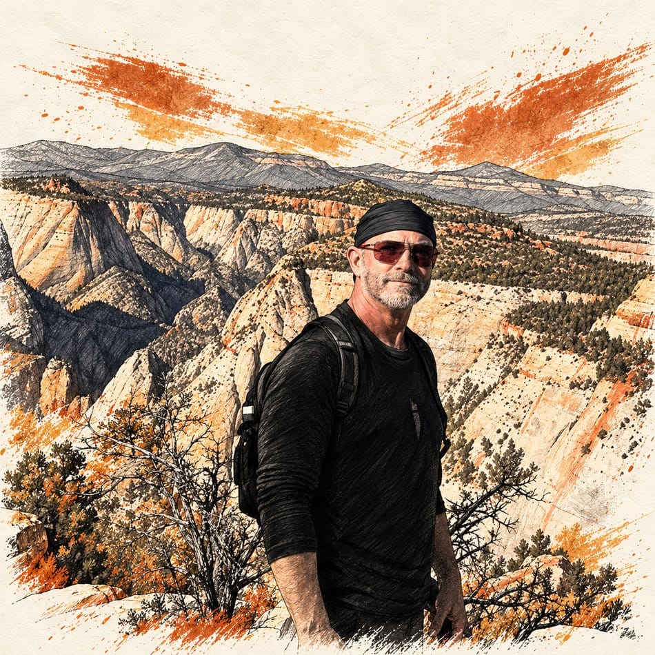 Ian on a canyon hike, spot-colour ink sketch