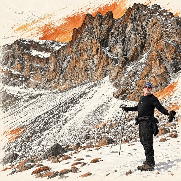 Ian hiking on snowy mountain terrain