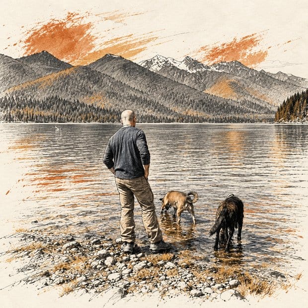 Ian and two dogs by the lake