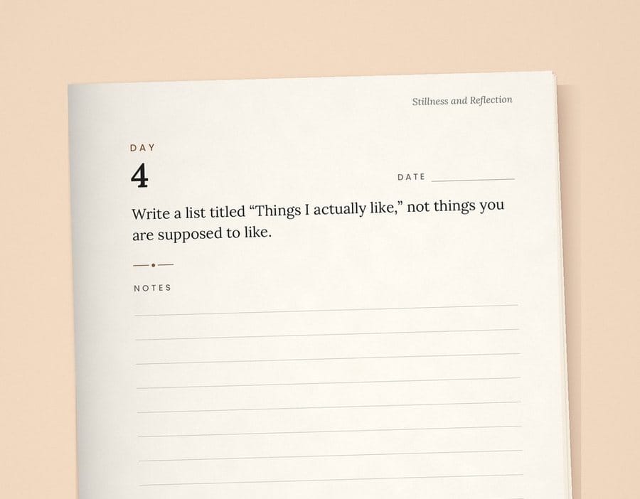 Day 4 page from The Solo Year paperback: Write a list titled “Things I actually like,” not things you are supposed to like.