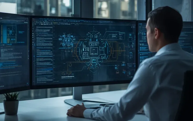 security engineer reviewing AI agent architecture diagram on a large monitor