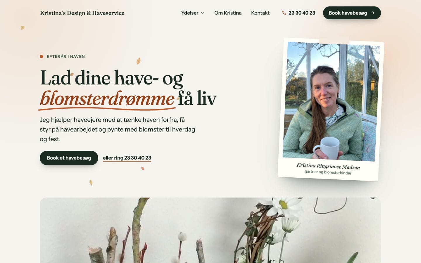 Forsiden af en ny hjemmeside til en have- og designvirksomhed