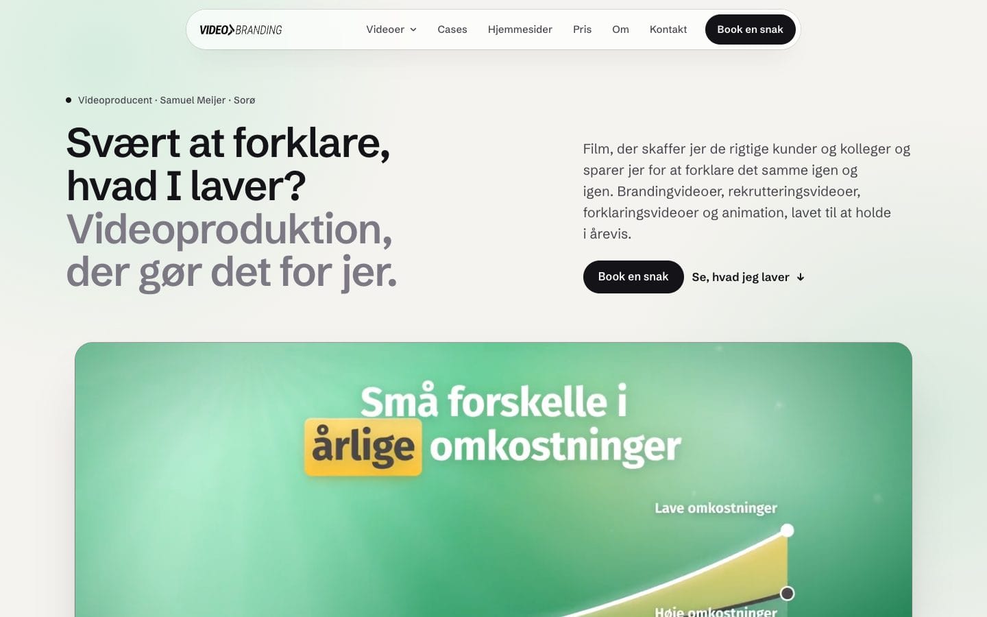 Forsiden af videobranding.dk med menu, overskrift og showreel