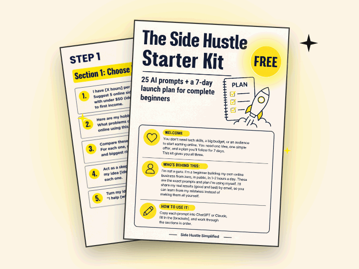 The Side Hustle Starter Kit cover and Step 1 prompts page