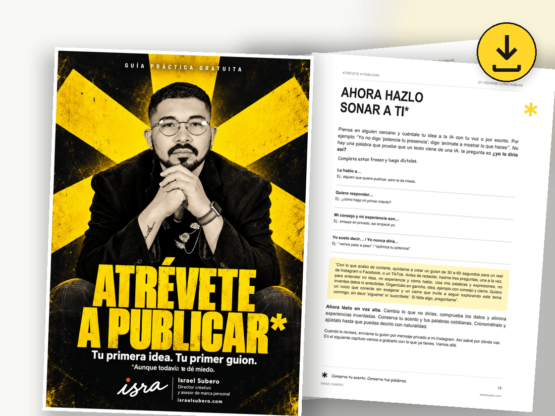 Mockup de la guía Atrévete a publicar con portada y páginas de ejercicios