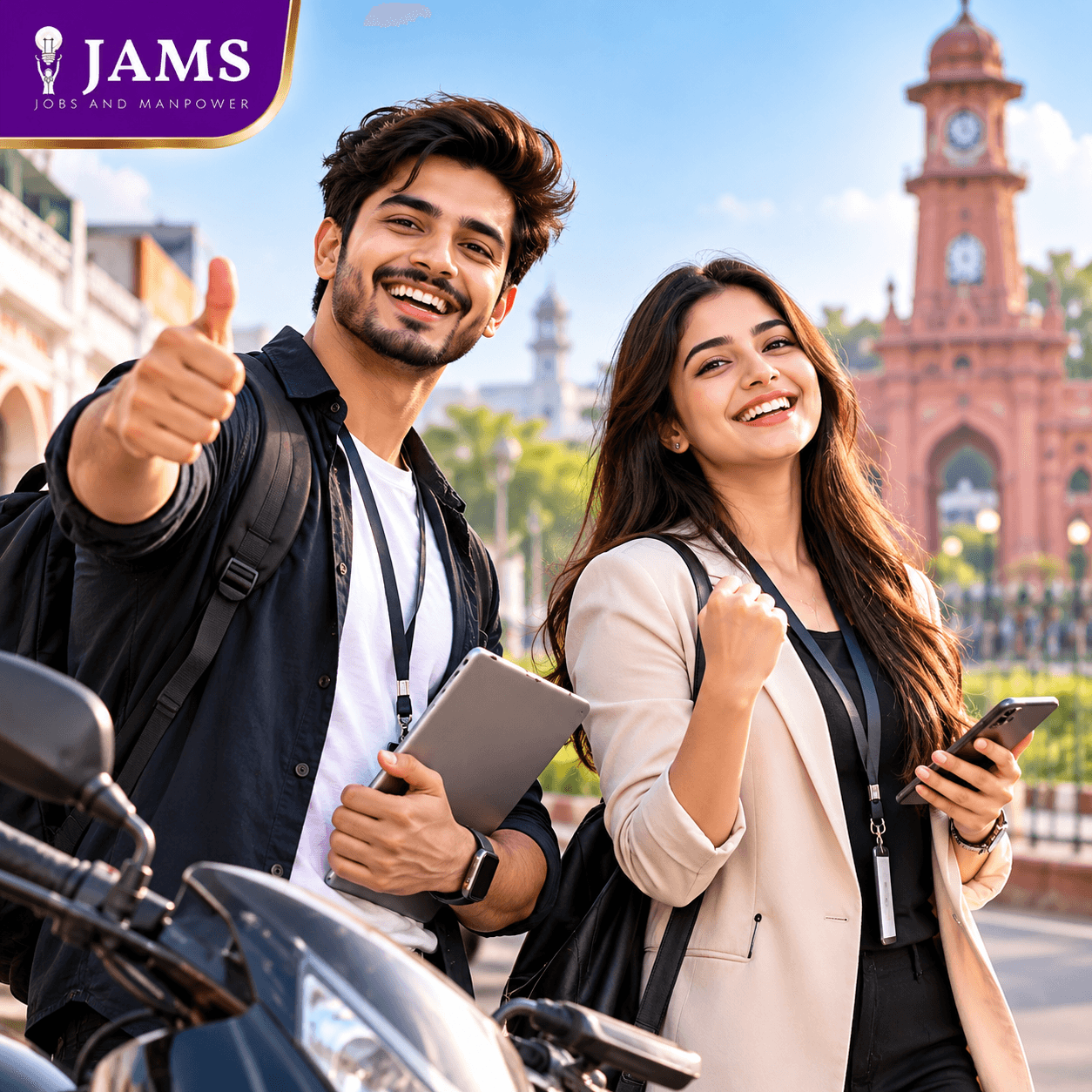 Happy young professionals representing TAMS JAMS, a job and manpower consultancy in Aligarh connecting job seekers with employers across Aligarh, Mathura and Agra. Copy ALT Text