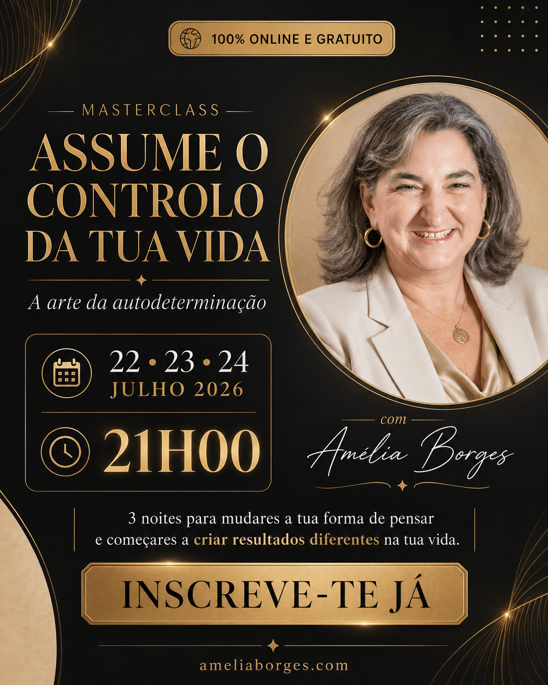 Cartaz da Masterclass Assume o Controlo da Tua Vida com Amélia Borges