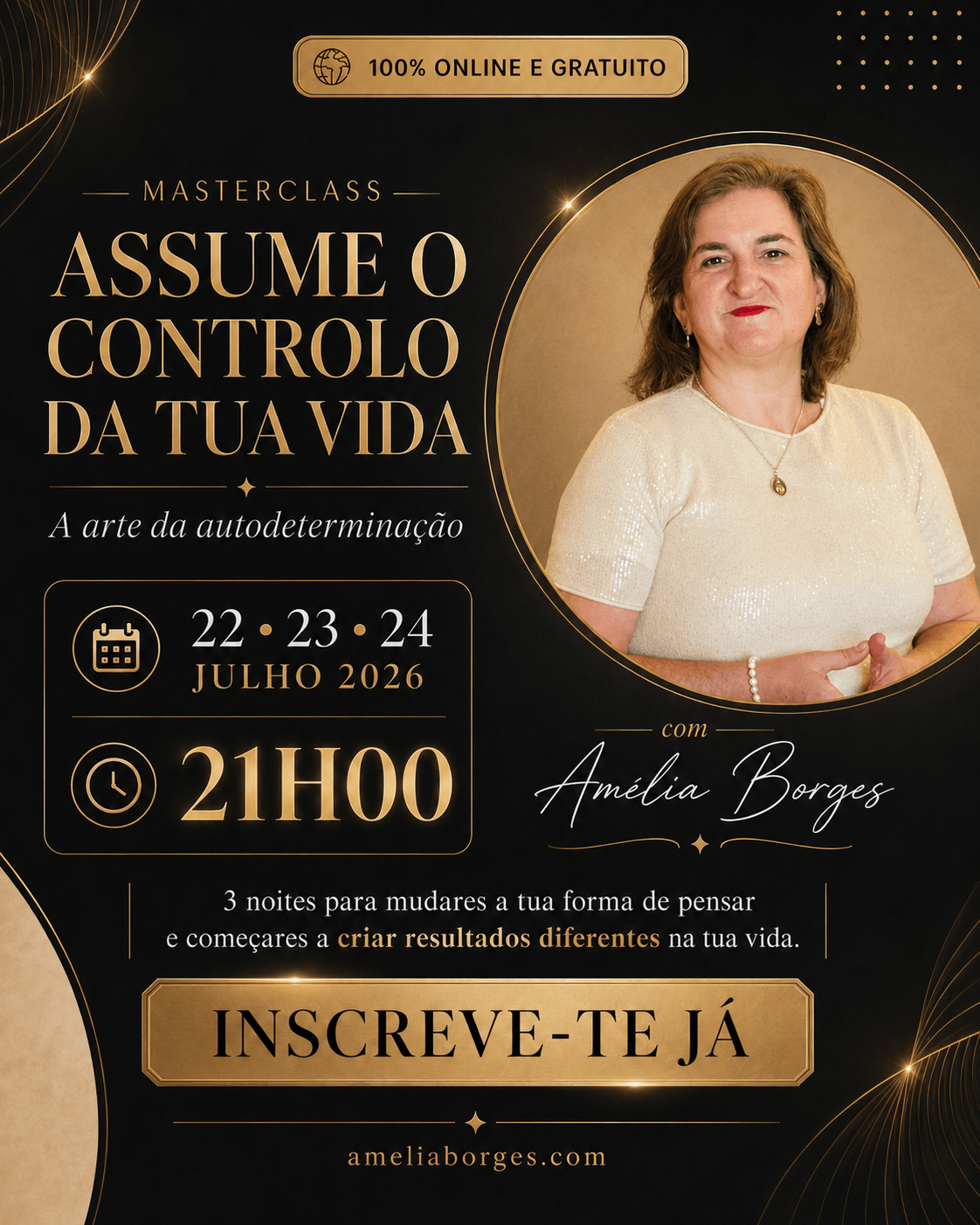 Cartaz da Masterclass Assume o Controlo da Tua Vida com Amélia Borges