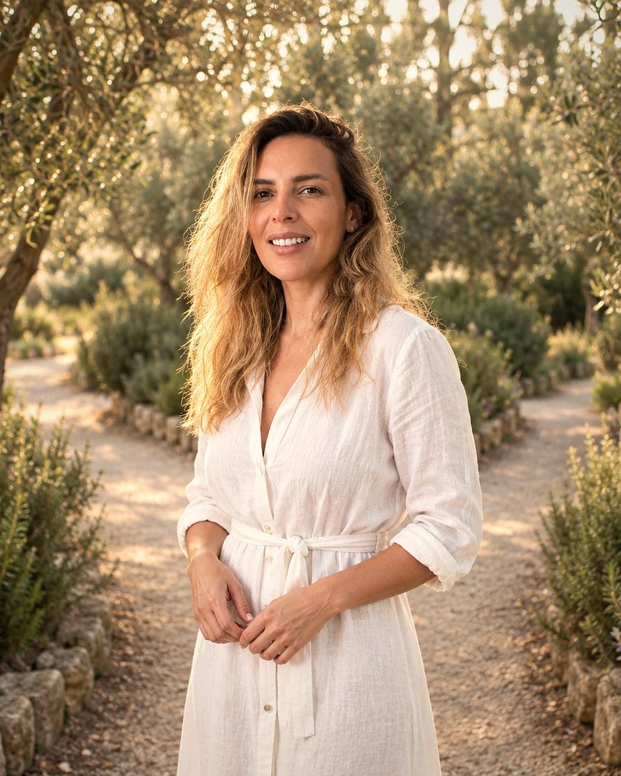 Federika en un jardín de olivos