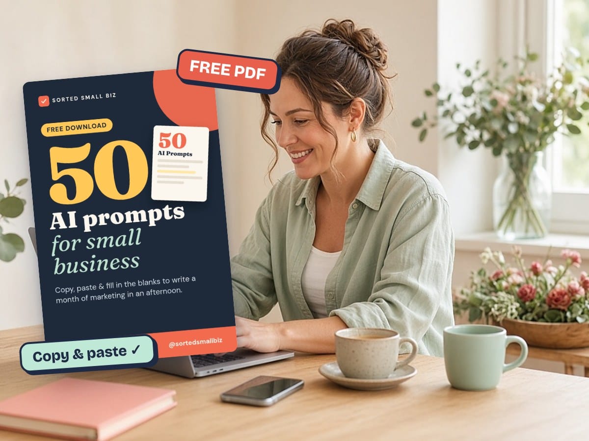 Small business owner at her laptop with the free 50 AI Prompts for Small Business pack