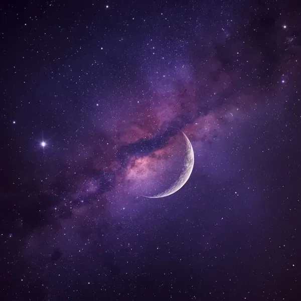 course cover, crescent moon, stars, violet nebula