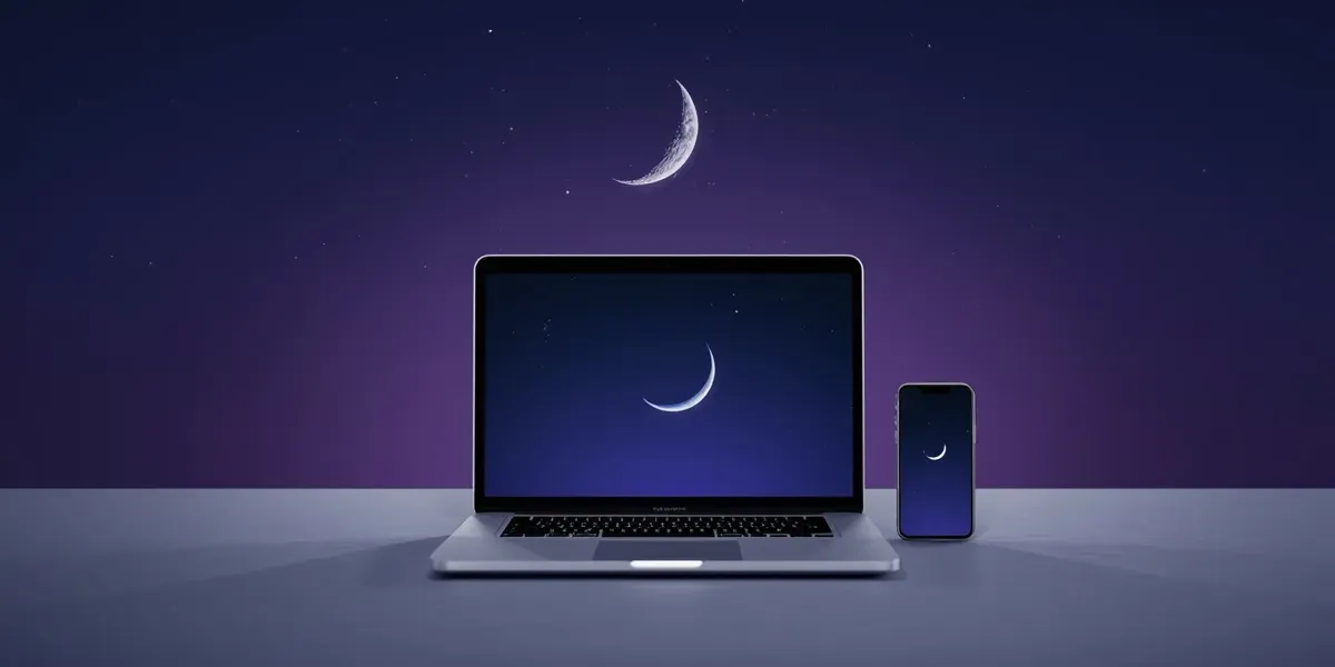 online course on laptop and phone, crescent moon, violet night sky