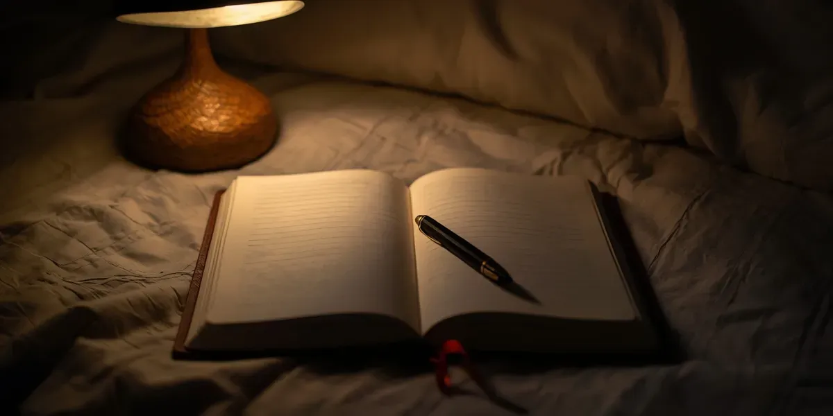 open dream journal, pen, bedside lamp, night