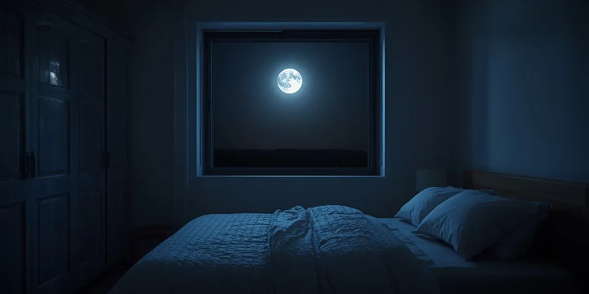 calm bedroom at night, moonlight through window
