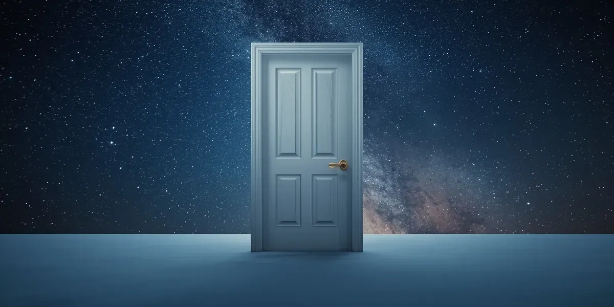 surreal door floating in starry sky